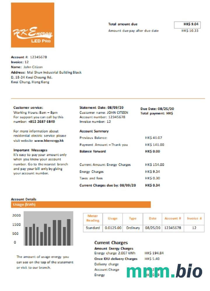Rachunek za media Hong Kong Energy Ltd